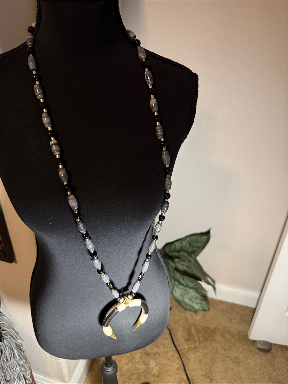 Black and Gray Beaded Necklace with Horn Pendant